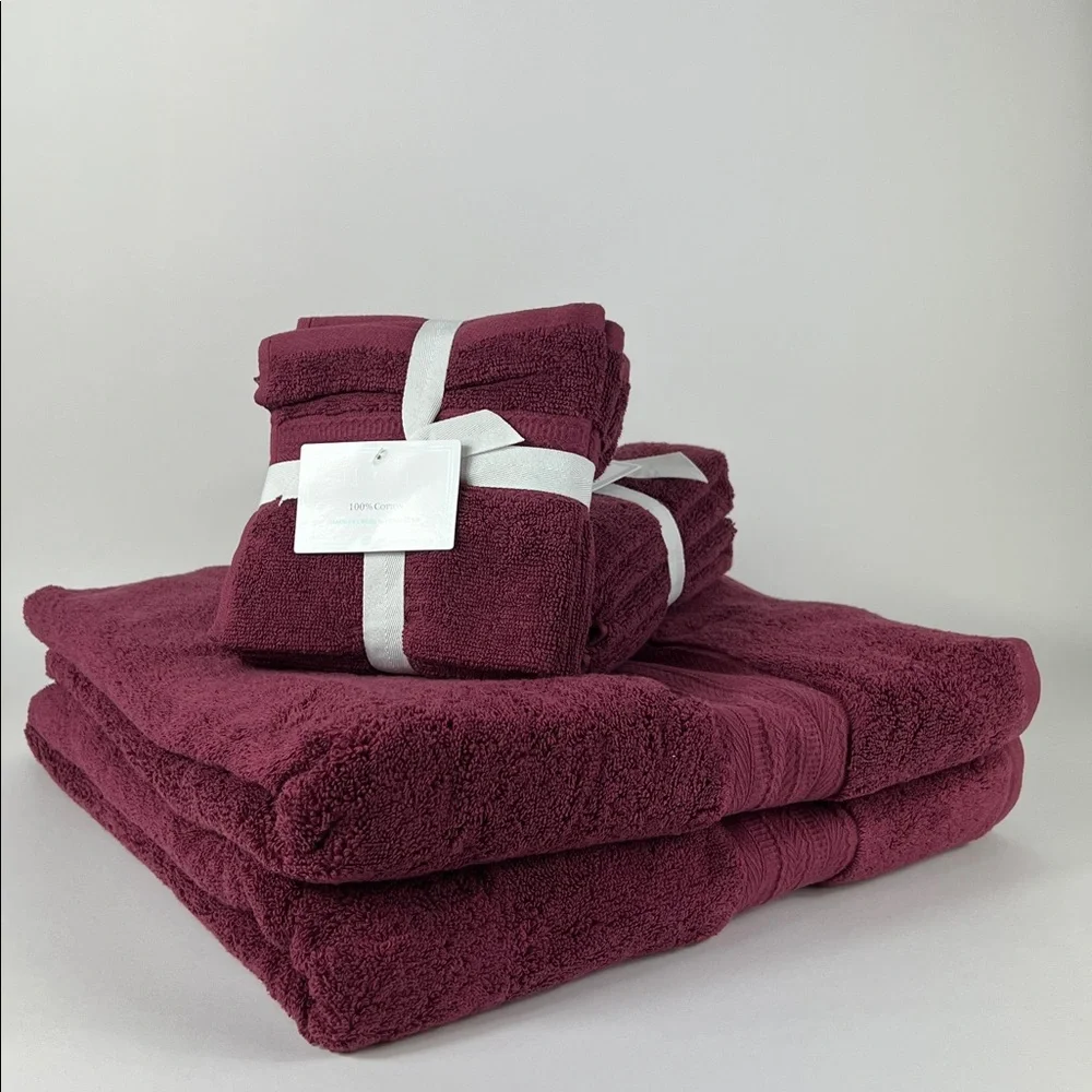 HOTEL Bath Towel Set Burgundy 100% Cotton Soft Absorbent - 8 Piece Set - NEW